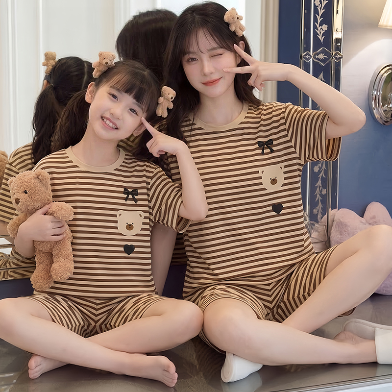 2026 New Striped Bear Mother-Daughter Pajamas Summer Pure Cotton Parent-Child Home Wear Set for Older Children and Little Girls