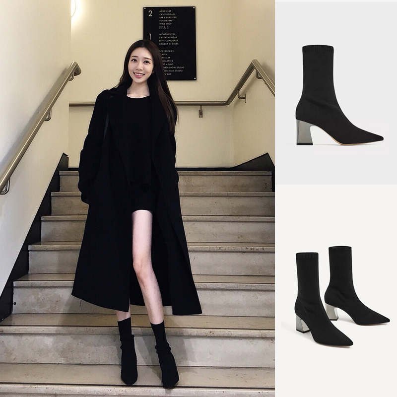 Slim Boots for Women, High-Heeled Short Boots, Knitted Spring and Autumn Single Boots, Pointed Toe Sock Boots, Chunky Heel Shoes, Winter Elastic 2026 New Style
