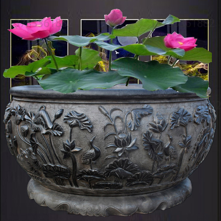 Stone carving fish tank custom round tank flower pot courtyard lotus tank antique natural blue stone tank fish pond outdoor ornaments