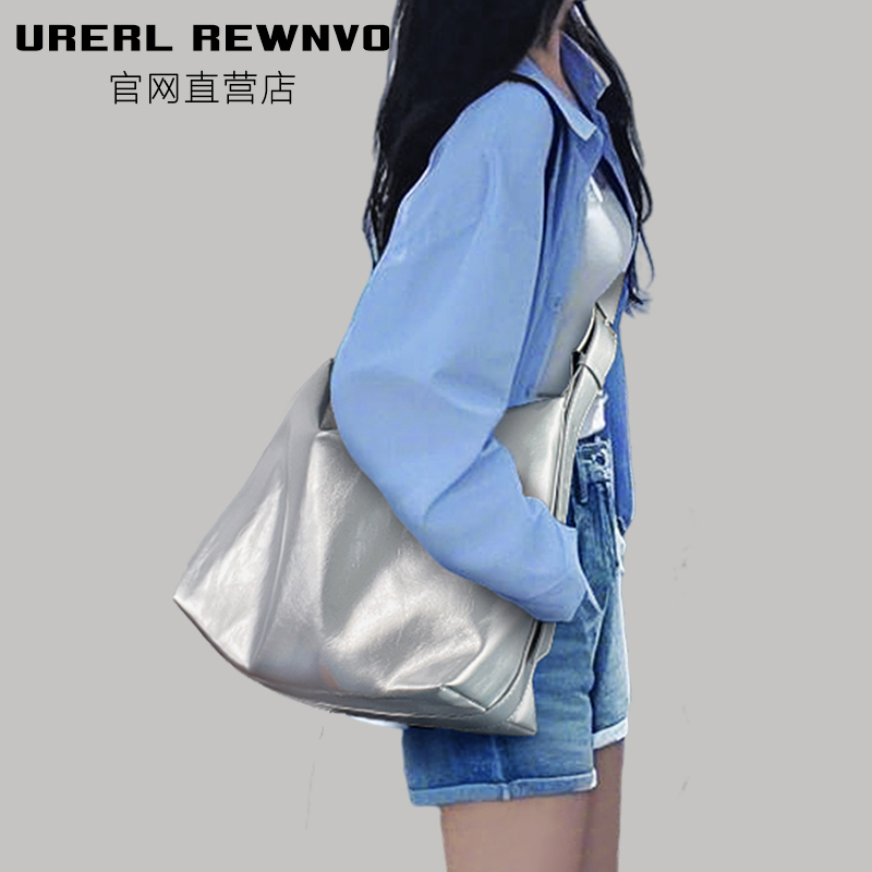 Urerl Rewnvo Silver Soft Leather Tote Bag for Women 2025 New Commuter Large-Capacity Crossbody Bag Large Shoulder Bag