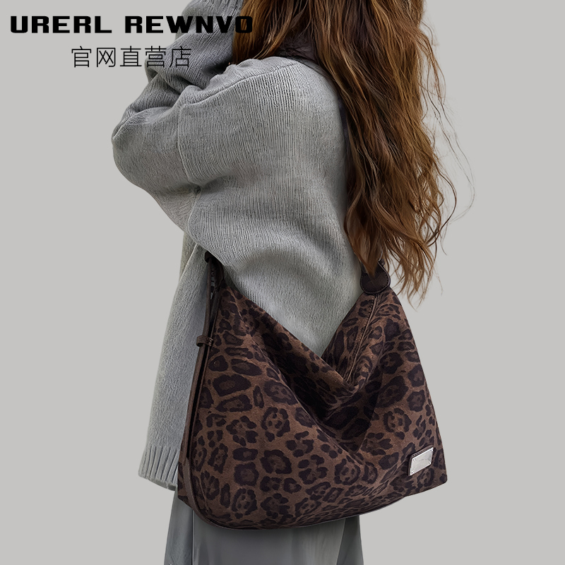 Urerl Rewnvo Suede Leopard Print Tote Bag for Women 2025 New Large Capacity Commuter Retro Leopard Print Crossbody Bag