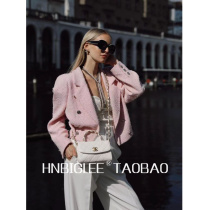  HNBIGLEE high-end cherry blossom powder off-the-shoulder coriander style tweed girlfriend power suit short jacket lining silk