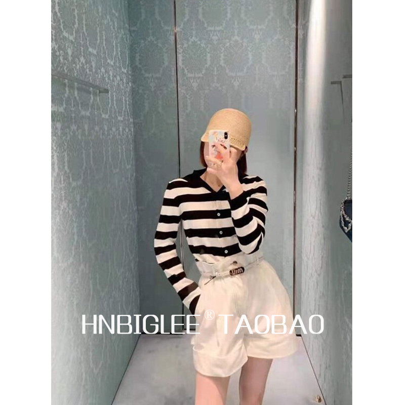 HNBIGLEE Age-reducing NAVY collar bow shell buckle milk cotton comfortable knitted cardigan basic short top