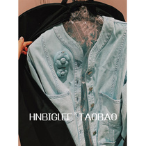 Color beauty burst~High face value carved gold buckle heavy wash Baby Blue thin casual denim jacket