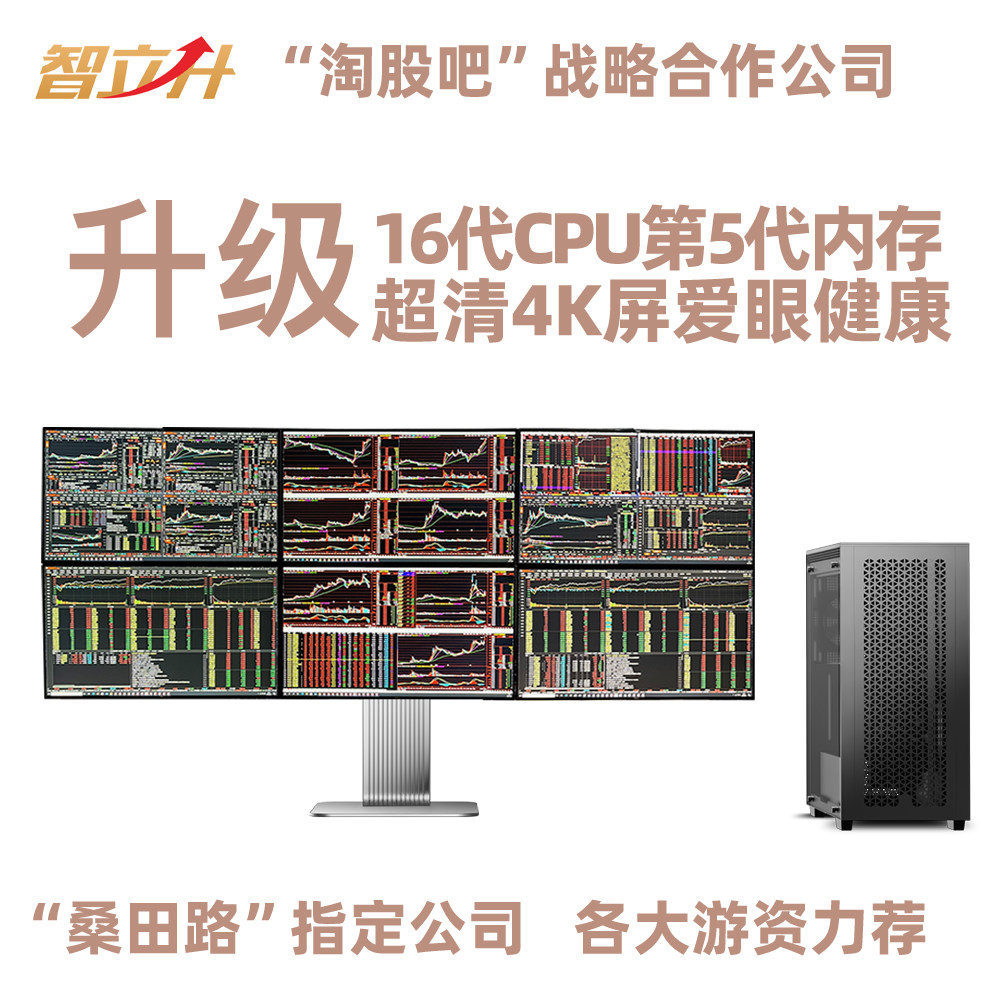 株式・先物取引および市場分析用の6画面を備えたプロ仕様のマルチスクリーン株式取引用コンピュータ。