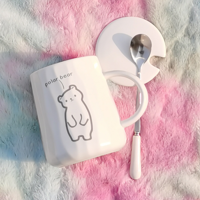 Cup ins wind cartoon ceramic water cup cute creative mug with lid spoon coffee breakfast cup home tea cup