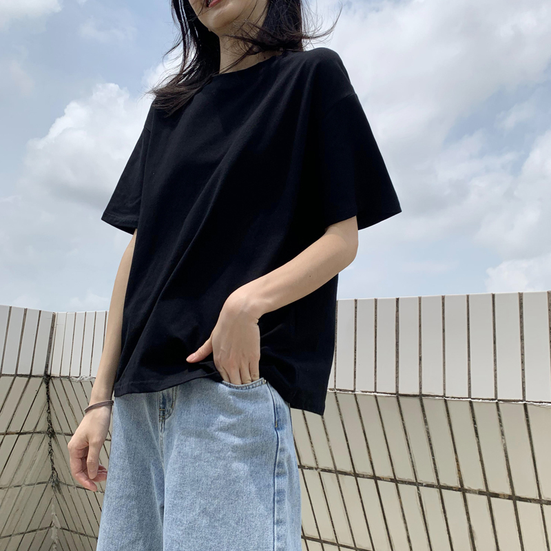 Summer Pure Black T-Shirt for Women, Cotton Short-Sleeve, Loose Korean Style Versatile Top, Solid Color, Plus Size, Student ins Trend