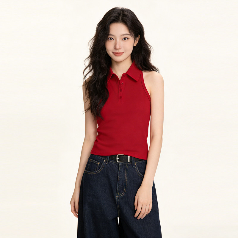 Light and Mature Style, Simple Red Lapel Sleeveless Knitted Vest for Women, Summer 2026 New Style, Trendy Base Layer Short Top
