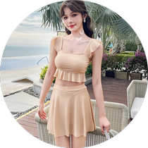 Womens swimsuit split Korean style girls swimsuit conservative skirt style small breasts gathered to cover belly slimming student boxer swimsuit