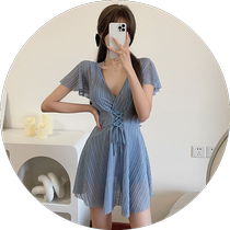 Womens swimsuit one-piece solid color French temperament skirt style underwire bra swimsuit conservative slimming covering hot spring vacation