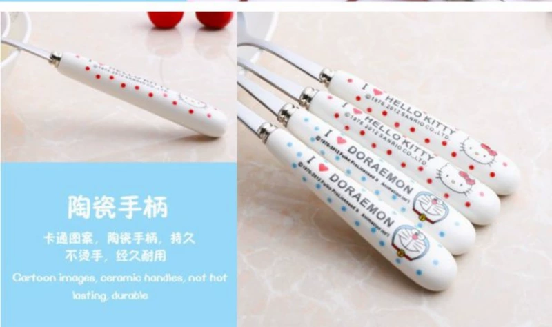 Phim hoạt hình thìa thép không gỉ đũa nĩa bộ đồ ăn bằng gốm hai mảnh phù hợp với học sinh cầm tay dao kéo - Đồ ăn tối bộ chén dĩa cao cấp