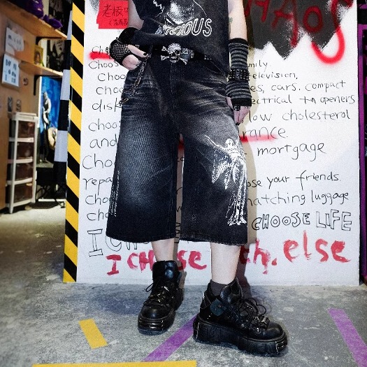 Don'T Be a Bother Bizzcut/Freedom Messenger/Subculture Dark Seven-Point Pants Denim Shorts Loose Straight Mid-Length Pants