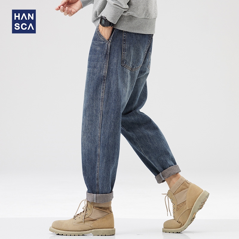 hansca2023 Spring Fall in Deep Blue Jeans Male Tide Card Retro American Loose Straight Barrel Long Pants Man-Taobao