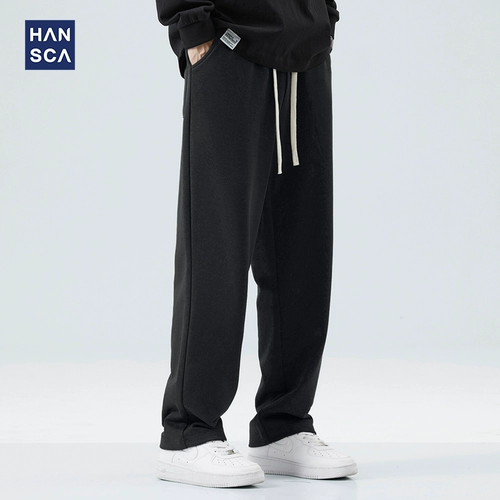 Черные весенние спортивные штаны для отдыха, тренд сезона, в американском стиле, свободный прямой крой, на шнурках