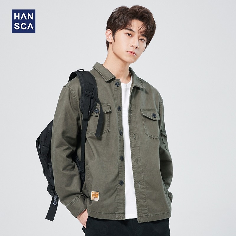 Hanska Spring and Autumn Workwear Jacket Men's Loose Tide Brand Japanese Lapel Green Large Size Casual Jacket Men