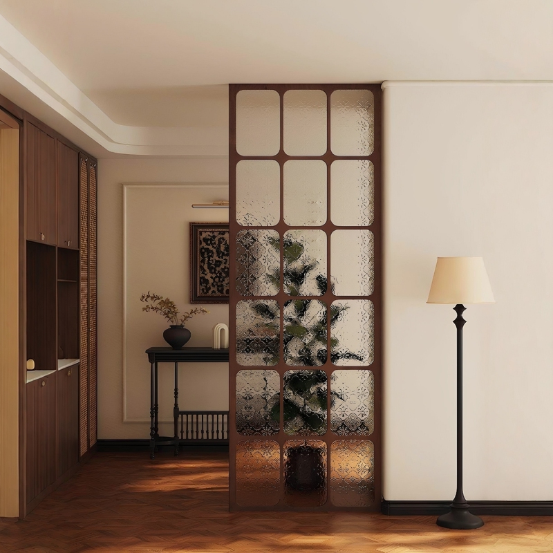 Vintage Solid Wood Entryway Partition with Retro Begonia Flower Glass, Washbasin, Dining Room, Living Room, Lattice Screen