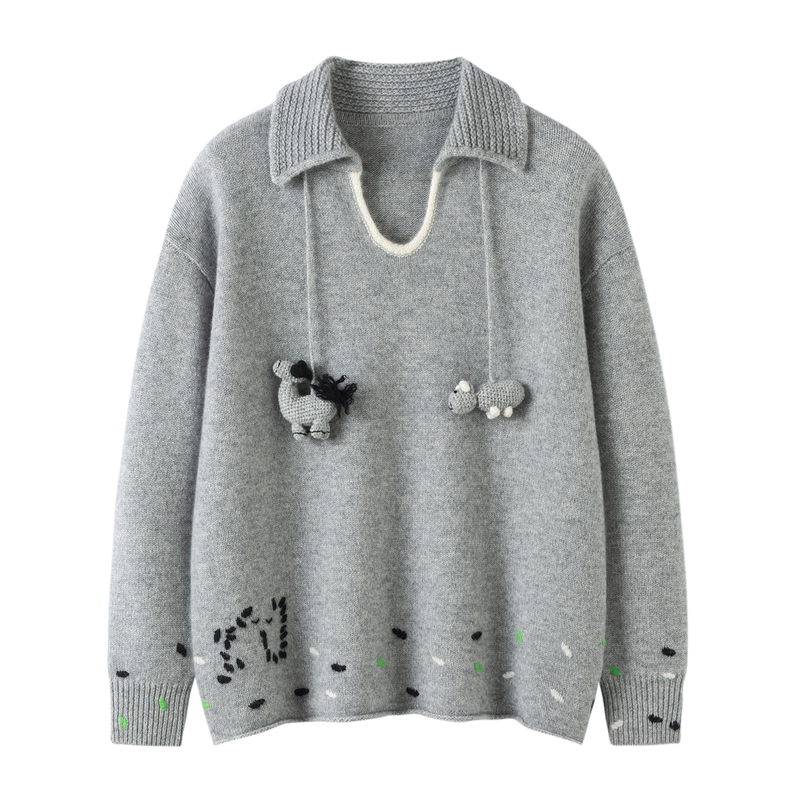Consi Ni 100% Pure Cashmere Sweater for Women, Half-Open Lapel Pullover, Loose, Thick, Crochet Pendant Knit Sweater