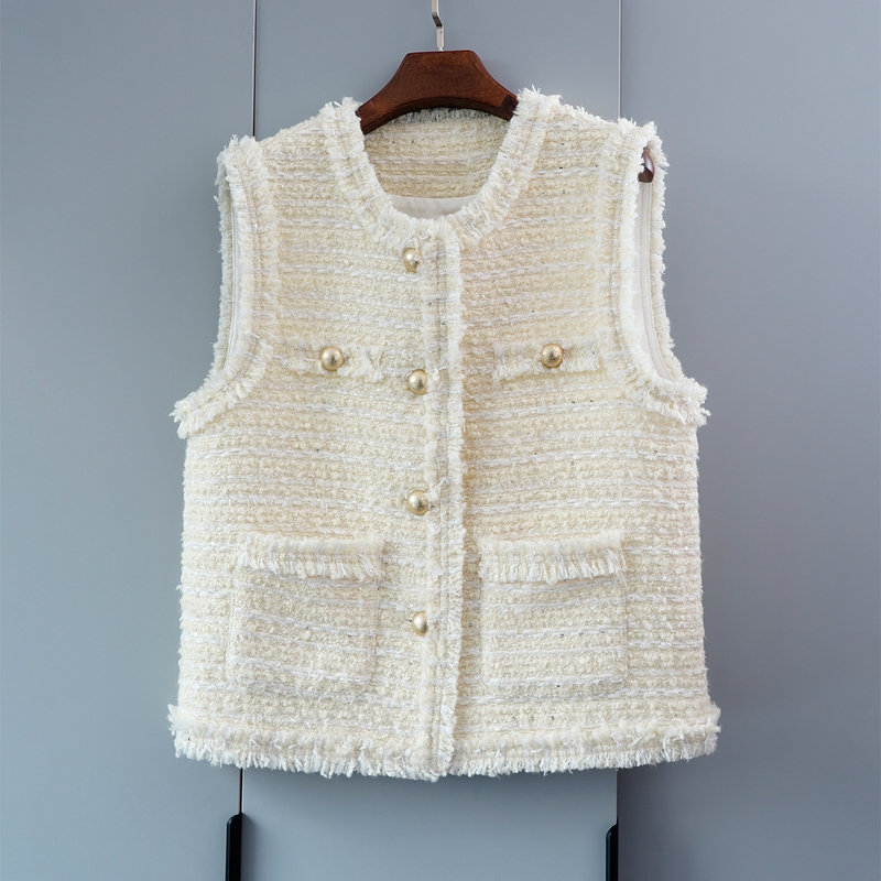Spring and Autumn Thick Commuter Tweed Chanel-Style Vest Jacket for Women, Sleeveless Frayed Edge Waistcoat Top