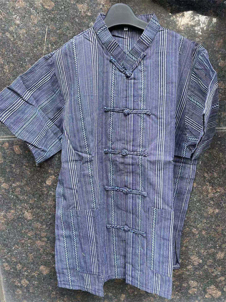 Blue striped blouse blouses cotton linen short sleeve upright collar handmade disc buckle retro vintage bags ethnic wind leisure