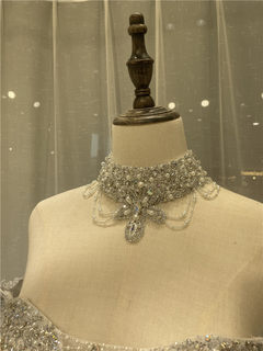 Bridal wedding necklace hand-sewn beads and rhinestones