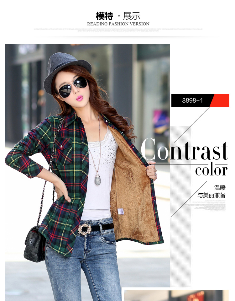 Áo sơ mi nữ mùa đông Plus Plus nhung dài tay nữ dày áo khoác cotton dày kẻ sọc áo sơ mi dài tay áo sơ mi nữ form rộng dáng dài