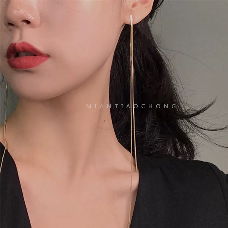 Cotton sliver 925 silver needle temperament short hair Korean super long snake bone ear chain chic wind face thin ear needle ear clip