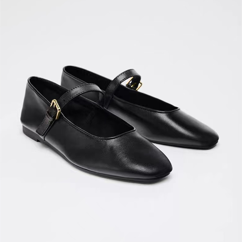Za2025 Autumn New Women's Shoes Black Leather Round Toe Square Mouth Ballet Style Flat Shoes Flat Heel Single Strap Shoes
