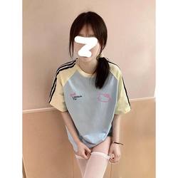 Color-Blocked Short-Sleeved Three-Stripe Color-Blocked Hello Kitty Children's Clothing Summer New Light Blue Top T-Shirt Primary School Student ins Female