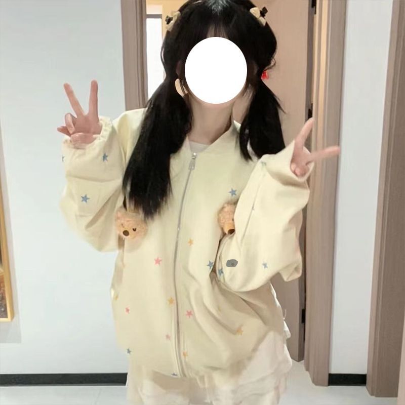 3D Bear Baseball Jacket for Girls 2025 Autumn/Winter New Loose Fit Children's Clothing for Middle School Students Petite Jacket Top