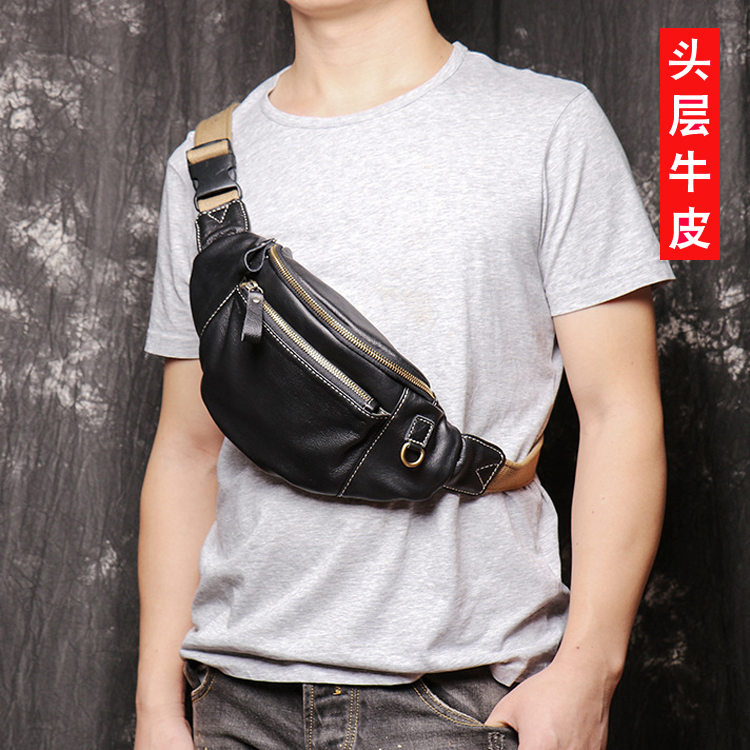 New top layer cowhide men's chest bag leather casual cross-body bag men's fashion single shoulder bag chest small backpack waist bag