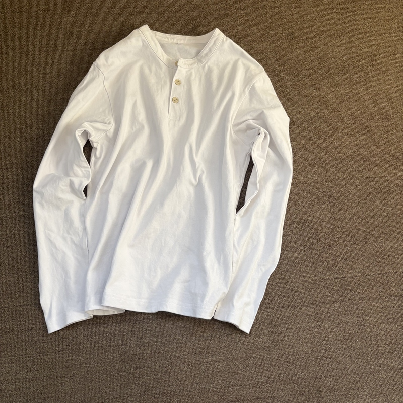 Thick Cotton Classic Retro Henley Collar Slub Cotton Long-Sleeve T-Shirt
