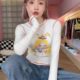 Fat mm autumn and winter new front shoulder open line bottoming T-shirt female cartoon printing all-match slimming long-sleeved large size top