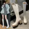 High-heeled knee-high boots Women's stretch boots 2021 Autumn and Winter leather back lace-up thick-heeled boots Skinny riding boots