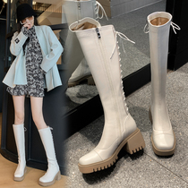 High heels no knee high boots Womens stretch boots 2021 autumn and winter leather strap thick heel boots slim Knight boots