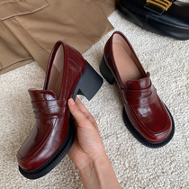 Spring 2021 New thick heel single shoes female British style leather high heels a pedal retro round small leather shoes