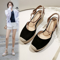 Fairy Wind Strap Baotou Slopes Heel Sandals Women 2022 Summer Hemp Woven Bottom Leather Thick Bottom Genuine Leather Roman Sandals