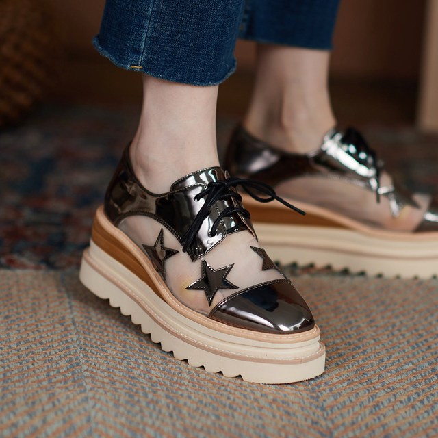 Mesh Thick-Soled Platform Shoes Women's Leather Genuine Leather 2023 Summer Breathable Hollow Wedge Single Shoes ເພີ່ມຂຶ້ນ Casual Star Mesh Shoes