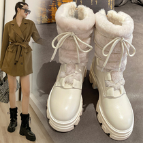 Snow boots womens leather wool plus velvet thickened 2021 new Waterproof warm boots lace-up wool big cotton shoes