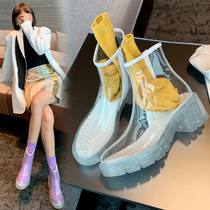 Jelly bottom transparent fashion boots female 2021 spring and autumn thick soles socks boots Joker thick soles leather high heel boots