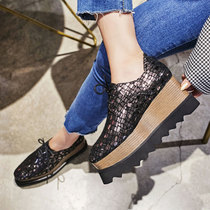 2022 spring autumn genuine leather bright sheet pine cake thick bottom single shoes female square head lacing heightening shoes high heel slope heel casual womens shoes