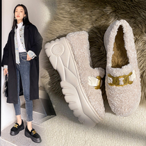 Warm thick sole wool shoes women 2021 autumn and winter English wind a pedal plus velvet loafers rabbit hair lazy Bean shoes
