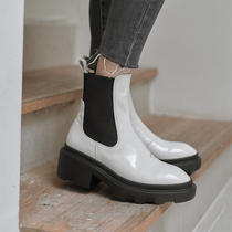 2021 autumn and winter new leather coarse-heeled Martin boots female English style ins tide Chelsea boots pine cake bottom Knights boots