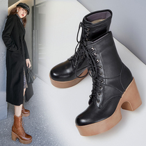 2021 Spring and Autumn new waterproof table thick heel Martin boots womens short boots Joker round head leather tide High Follow single boots