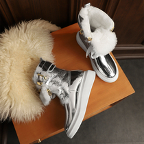 Silver short-tube snow boots female 2021 Winter leather warm and thickened hairy Martin boots northeast thick cotton boots