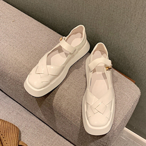 Single shoes womens leather 2021 New British style hollow platform shoes one-word buckle Baotou retro Mary Jane sandals