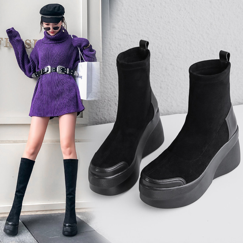 Europe and the United States 2022 autumn and winter plus velvet but knee high boots women's thick bottom thin elastic boots all-match thin and thin tall boots