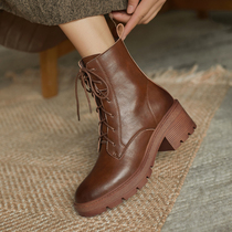 British retro coarse-heeled Martin boots female 2021 autumn winter leather lace-up boots Joker high-heeled fashion boots single boots