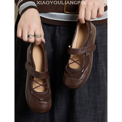 Xiao You ~ Casual sports thick-soled Velcro Mary Jane shoes for women 2026 new style retro leather shallow opening single shoe 1.5