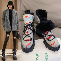 2021 winter shoes children plus velvet cotton shoes snow boots leather hair one-piece printed bread shoes waterproof one pedal short boots