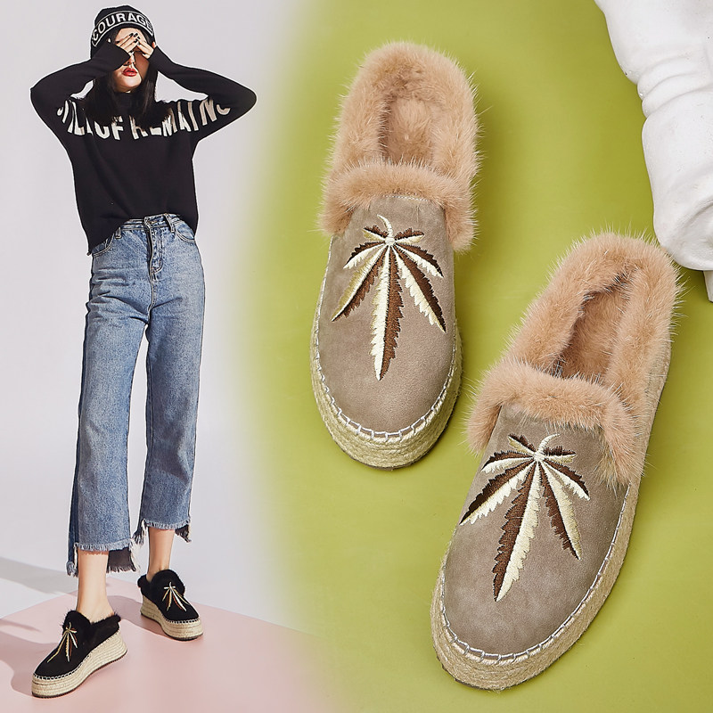 Fur slippers women wearing autumn and winter cotton shoes 2022 new net red sloths shoes thick bottom mink Baotou semi-slipper tide